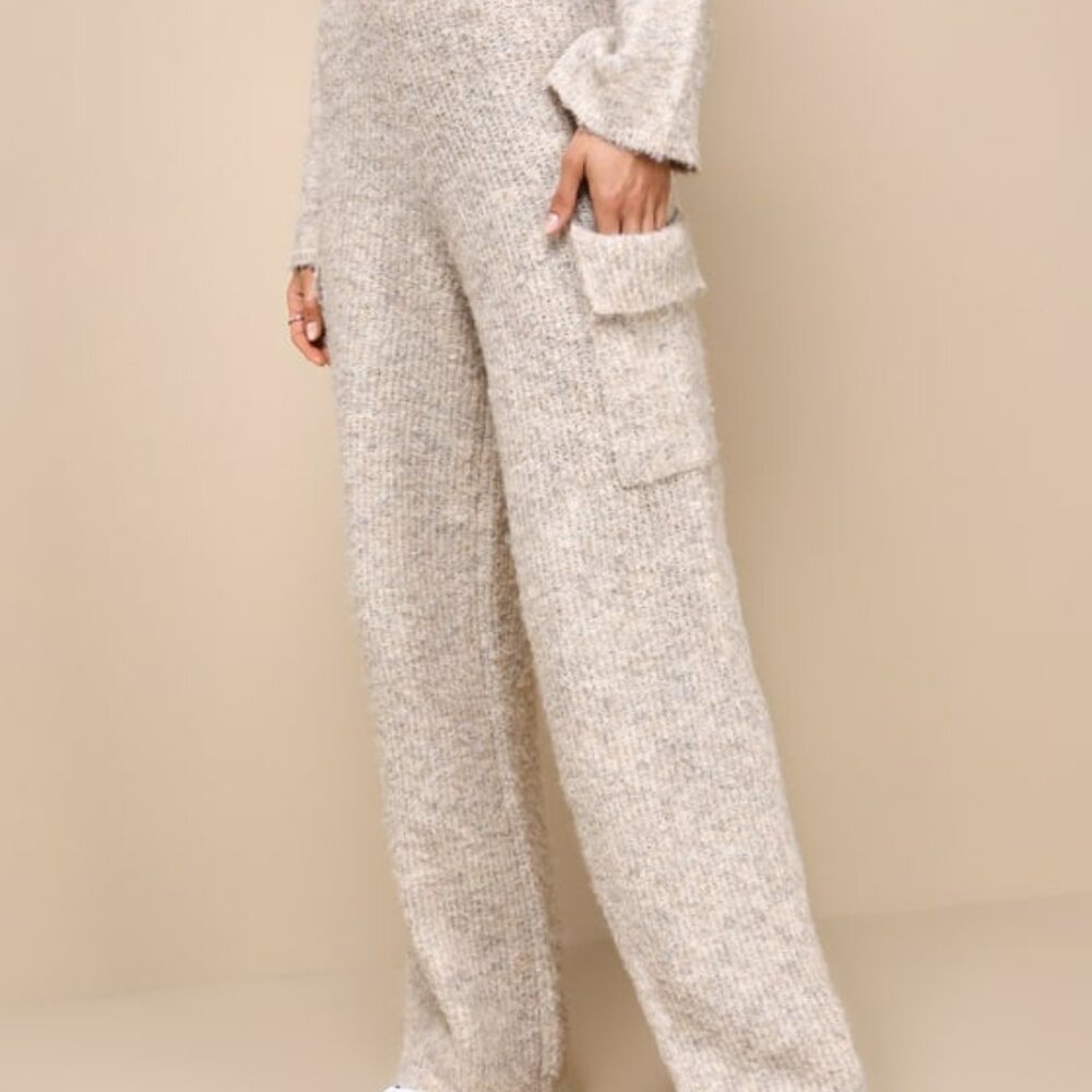 Lulus Signature Sunday Heather Beige Knit Sweater Pants - Size L